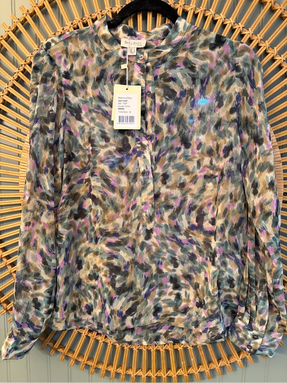 See U Soon green abstract brushstroke blouse NWT